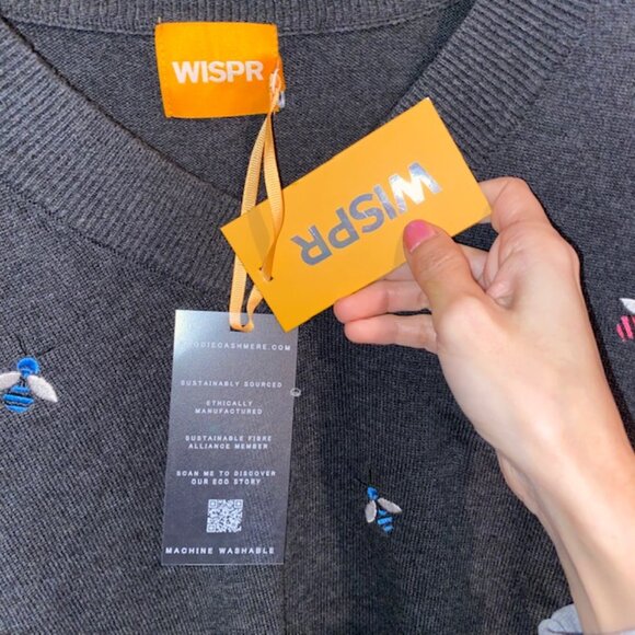 NWT Brodie Cashmere Wispr Sweater Dark Grey with Colorful "Bee Happy" Victory XS - Picture 3 of 5